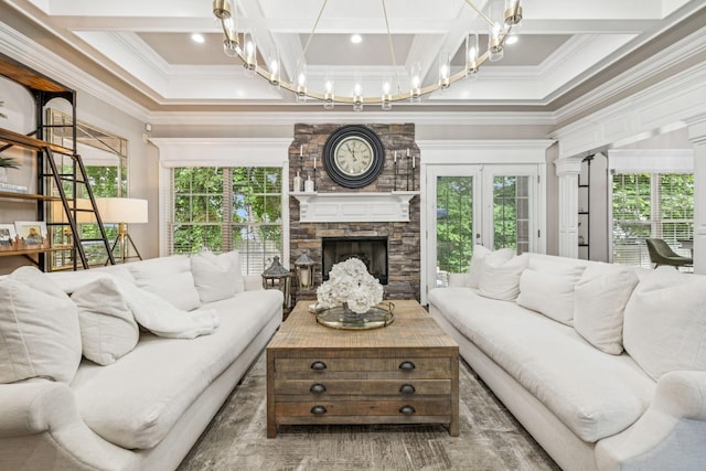 1808 Mosaic Trl, Murfreesboro, TN 37130 - living area featuring coffered ceiling, crown molding, plenty of natural light, a fireplace, and beamed ceiling