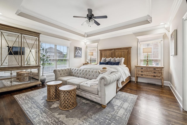 1808 Mosaic Trl, Murfreesboro, TN 37130 - bedroom featuring crown molding, a tray ceiling, dark wood-type flooring, and ceiling fan