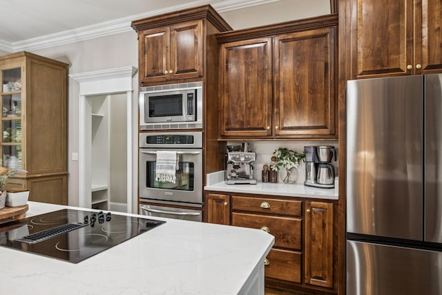 1808 Mosaic Trl, Murfreesboro, TN 37130 - kitchen with stainless steel appliances, a warming drawer, ornamental molding, and glass insert cabinets