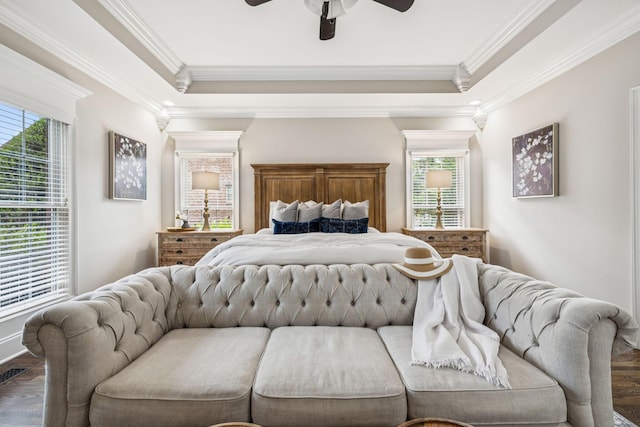 1808 Mosaic Trl, Murfreesboro, TN 37130 - bedroom featuring ornamental molding, wood finished floors, a raised ceiling, and a ceiling fan