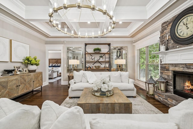 1808 Mosaic Trl, Murfreesboro, TN 37130 - living room with coffered ceiling, crown molding, a stone fireplace, wood finished floors, and a chandelier