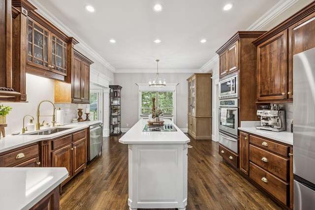 1808 Mosaic Trl, Murfreesboro, TN 37130 - kitchen featuring stainless steel appliances, a warming drawer, dark wood-style floors, a kitchen island, and light countertops