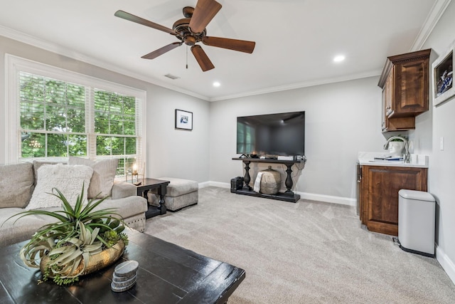 1808 Mosaic Trl, Murfreesboro, TN 37130 - living area with a ceiling fan, light carpet, ornamental molding, and recessed lighting
