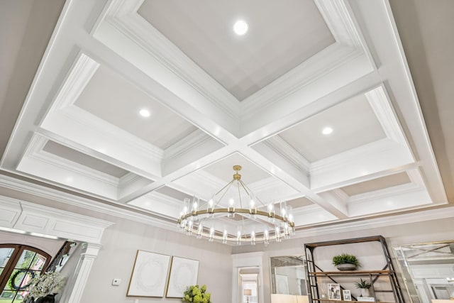 1808 Mosaic Trl, Murfreesboro, TN 37130 - detailed view of a chandelier, coffered ceiling, beam ceiling, crown molding, and french doors