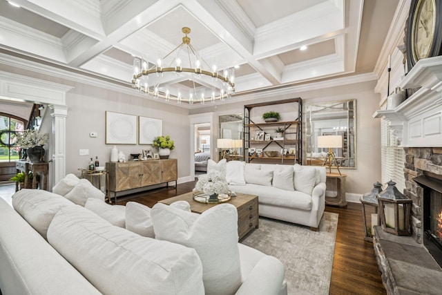 1808 Mosaic Trl, Murfreesboro, TN 37130 - living area with a stone fireplace, ornamental molding, coffered ceiling, dark wood-style flooring, and a chandelier