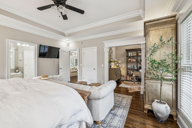 1808 Mosaic Trl, Murfreesboro, TN 37130 - bedroom with dark wood-type flooring, crown molding, ensuite bathroom, ornate columns, and ceiling fan