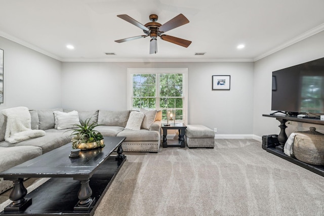 1808 Mosaic Trl, Murfreesboro, TN 37130 - living area featuring a ceiling fan, recessed lighting, ornamental molding, and carpet flooring