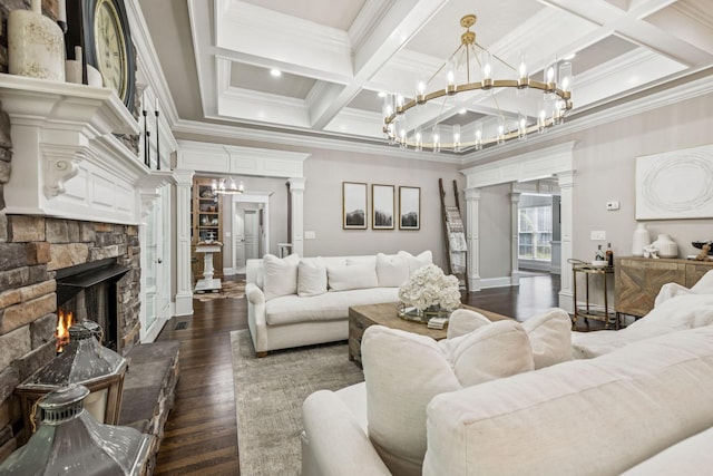 1808 Mosaic Trl, Murfreesboro, TN 37130 - living area featuring decorative columns, dark wood-style flooring, coffered ceiling, ornamental molding, and a fireplace