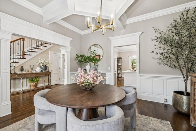 1808 Mosaic Trl, Murfreesboro, TN 37130 - dining room with a chandelier, stairs, dark wood finished floors, a wainscoted wall, and crown molding