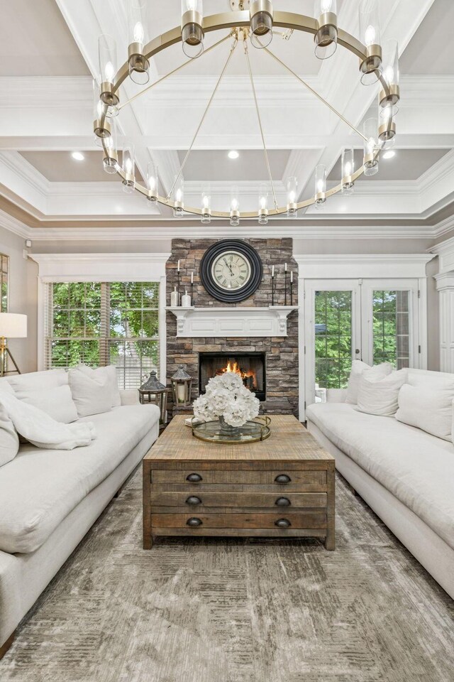 1808 Mosaic Trl, Murfreesboro, TN 37130 - living room featuring coffered ceiling, a fireplace, ornamental molding, beam ceiling, and a chandelier