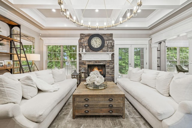 1808 Mosaic Trl, Murfreesboro, TN 37130 - living area featuring coffered ceiling, ornamental molding, healthy amount of natural light, a stone fireplace, and french doors