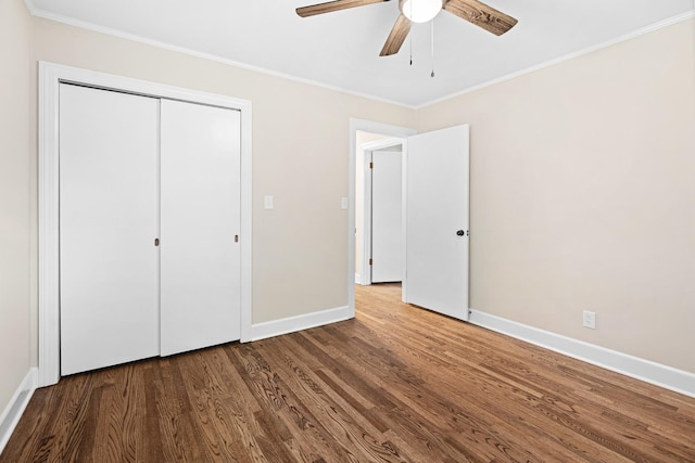 101 Arnold Ln, Murfreesboro, TN 37127 - unfurnished bedroom with wood finished floors, ornamental molding, a closet, and a ceiling fan