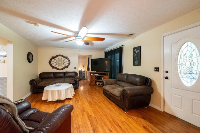 841 Marble Top Rd, Chickamauga, GA 30707 - living room featuring a textured ceiling, light wood-style flooring, and ceiling fan