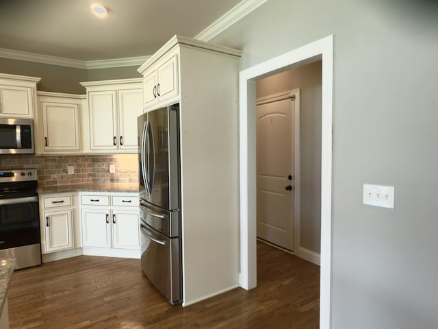 5120 Prickly Pine Pl, Murfreesboro, TN 37129 - kitchen featuring stainless steel appliances, tasteful backsplash, crown molding, light stone countertops, and dark wood-style flooring