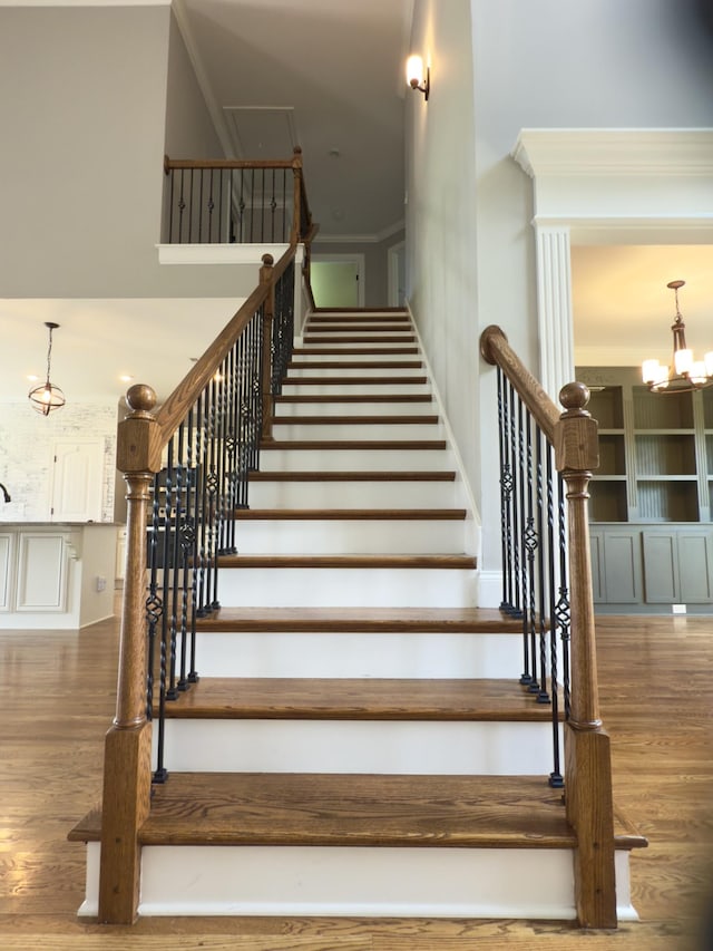 5120 Prickly Pine Pl, Murfreesboro, TN 37129 - staircase featuring wood finished floors, a chandelier, and ornamental molding