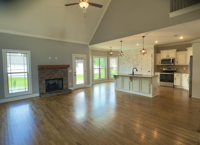 5120 Prickly Pine Pl, Murfreesboro, TN 37129 - unfurnished living room with high vaulted ceiling, a ceiling fan, ornamental molding, dark wood-type flooring, and a stone fireplace