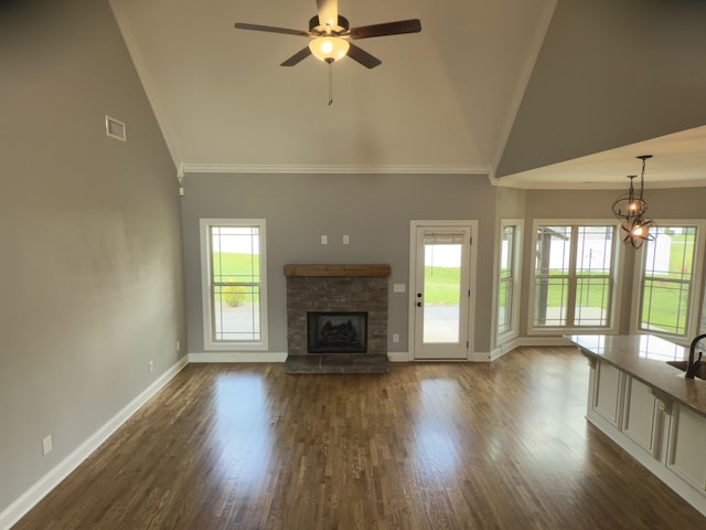 5120 Prickly Pine Pl, Murfreesboro, TN 37129 - unfurnished living room with high vaulted ceiling, ceiling fan, crown molding, a stone fireplace, and dark wood-style flooring