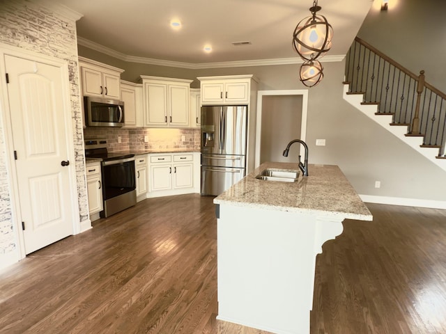 5120 Prickly Pine Pl, Murfreesboro, TN 37129 - kitchen featuring appliances with stainless steel finishes, crown molding, light stone countertops, dark wood-style floors, and tasteful backsplash