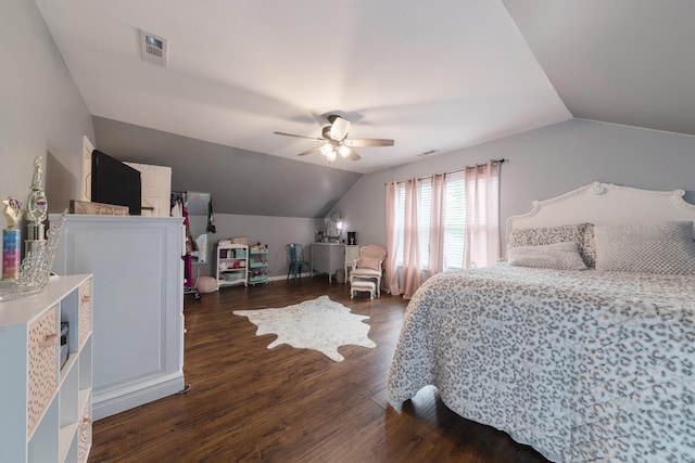 114 Deerview Dr, Columbia, TN 38401 - bedroom featuring lofted ceiling, dark wood-style flooring, and a ceiling fan