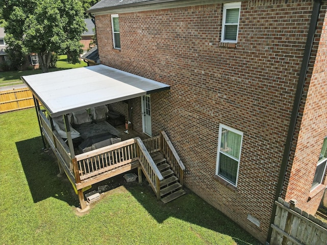 114 Deerview Dr, Columbia, TN 38401 - back of house with brick siding, a wooden deck, and stairway
