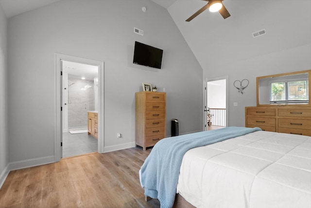 8665 Woodbury Acre Ct, Harrison, TN 37341 - bedroom featuring high vaulted ceiling, light wood-type flooring, ensuite bathroom, and a ceiling fan