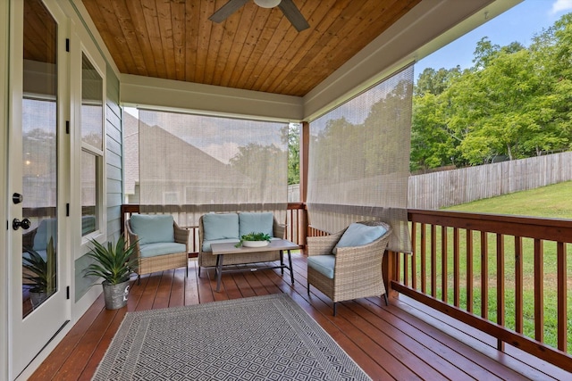 8665 Woodbury Acre Ct, Harrison, TN 37341 - wooden terrace with a fenced backyard, a ceiling fan, and an outdoor living space