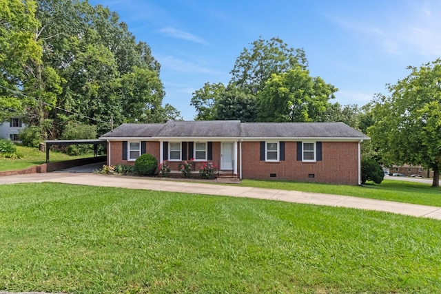 435 Forest St, Lewisburg, TN 37091 - ranch-style home featuring driveway, crawl space, a carport, a front lawn, and brick siding
