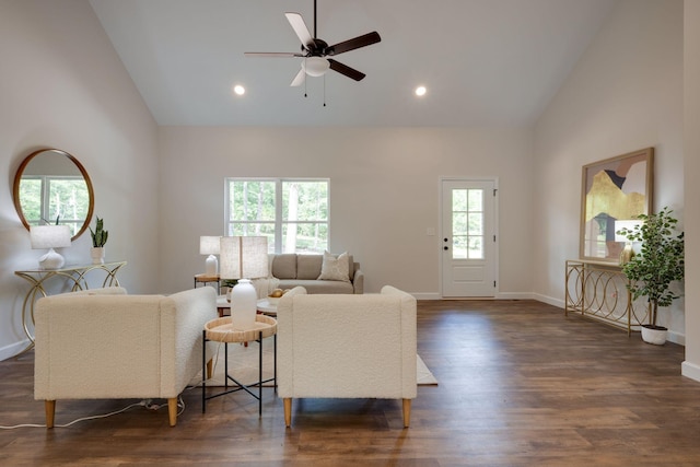 766 Billy Wynn Rd, Dickson, TN 37055 - living area with high vaulted ceiling, a ceiling fan, dark wood finished floors, and recessed lighting