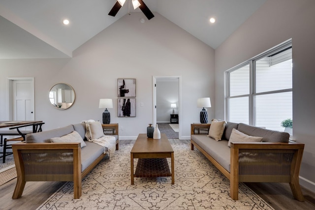 762 Billy Wynn Rd, Dickson, TN 37055 - living area with ceiling fan, high vaulted ceiling, recessed lighting, and light wood-style floors