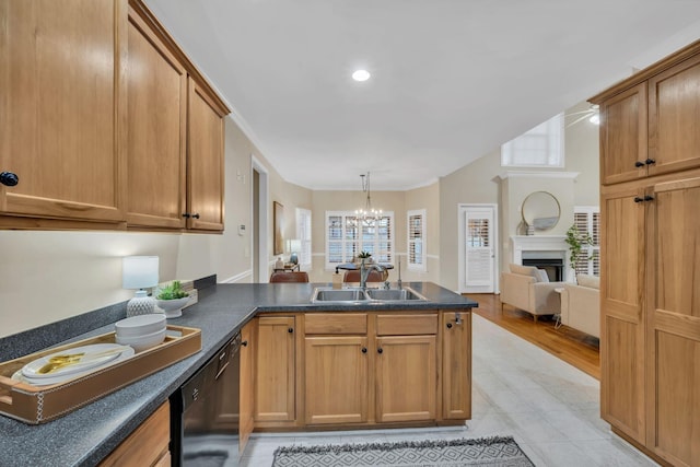 1034 Ridglea Dr, Burns, TN 37029 - kitchen with a peninsula, dishwasher, a large fireplace, a chandelier, and dark countertops