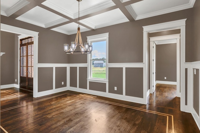 3699 Sweethome Rd, Ashland City, TN 37015 - unfurnished dining area with hardwood / wood-style floors, a chandelier, coffered ceiling, beamed ceiling, and ornamental molding