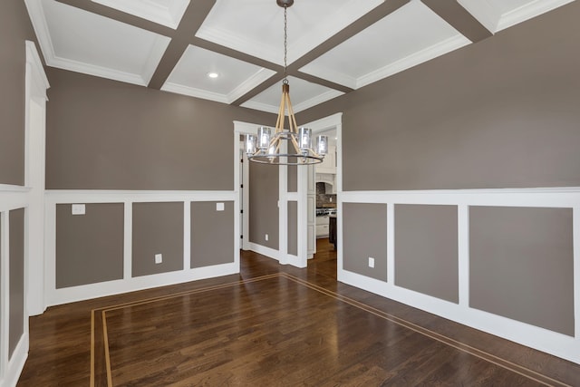 3699 Sweethome Rd, Ashland City, TN 37015 - unfurnished dining area with coffered ceiling, a chandelier, beam ceiling, wood finished floors, and crown molding