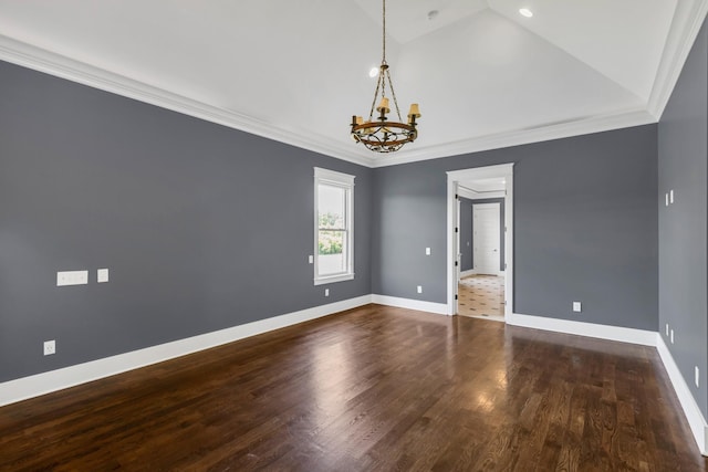 3699 Sweethome Rd, Ashland City, TN 37015 - spare room featuring a chandelier, vaulted ceiling, dark wood-type flooring, and ornamental molding
