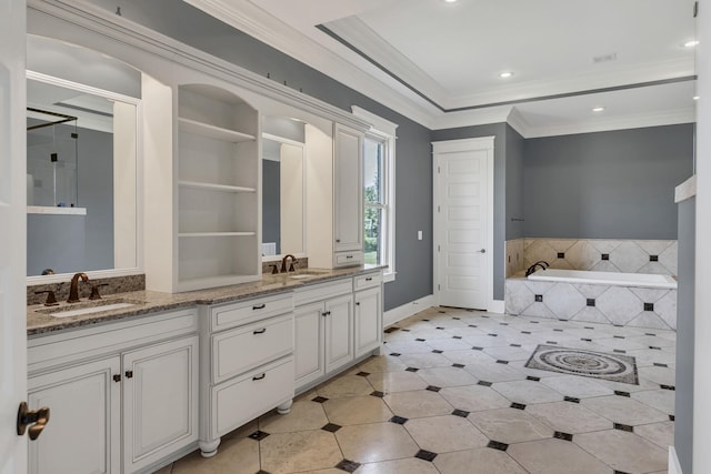 3699 Sweethome Rd, Ashland City, TN 37015 - full bathroom with double vanity, a bath, crown molding, tile patterned floors, and recessed lighting