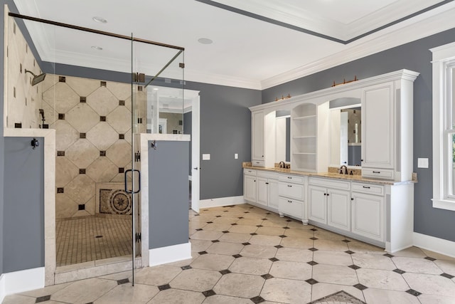 3699 Sweethome Rd, Ashland City, TN 37015 - full bathroom featuring double vanity, a shower stall, crown molding, and tile patterned flooring