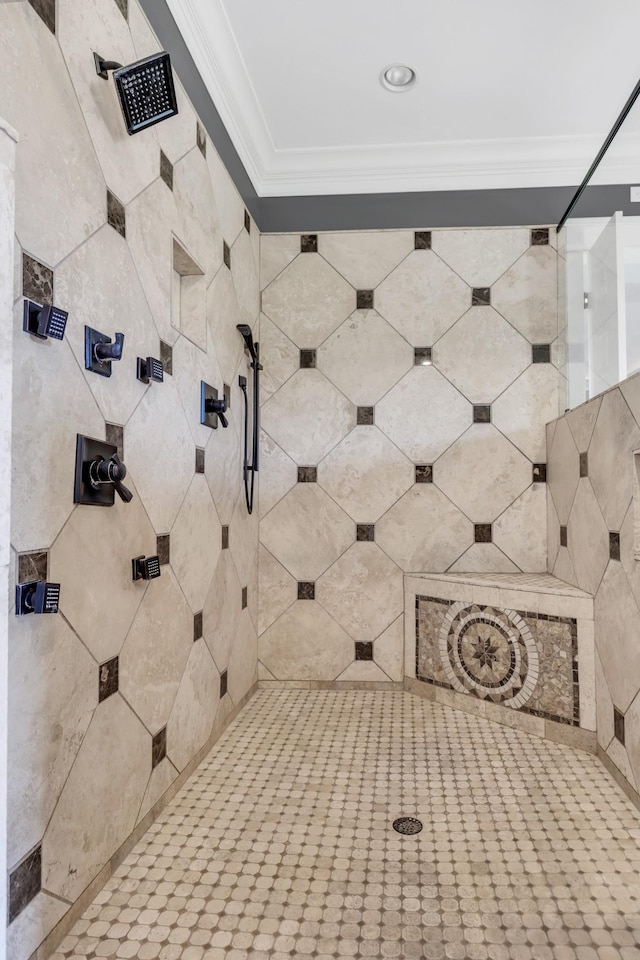 3699 Sweethome Rd, Ashland City, TN 37015 - bathroom featuring ornamental molding, a tile shower, and recessed lighting