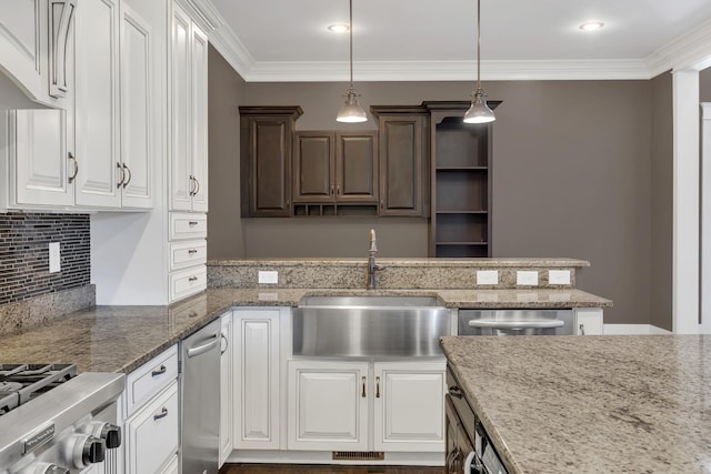 3699 Sweethome Rd, Ashland City, TN 37015 - kitchen with backsplash, white cabinets, stainless steel dishwasher, crown molding, and decorative light fixtures