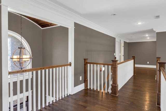 3699 Sweethome Rd, Ashland City, TN 37015 - hall with a chandelier, an upstairs landing, wood finished floors, ornamental molding, and recessed lighting