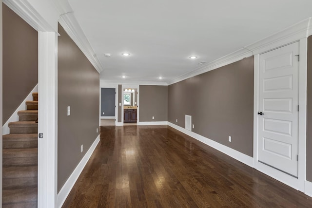 3699 Sweethome Rd, Ashland City, TN 37015 - basement with crown molding, dark wood-style flooring, recessed lighting, and stairs