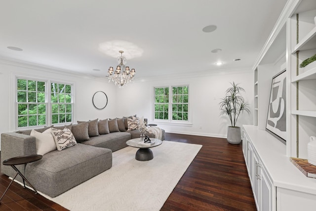 3600 Colewood Dr, Nashville, TN 37215 - living room featuring crown molding, dark wood-style flooring, a chandelier, and recessed lighting