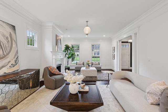 3600 Colewood Dr, Nashville, TN 37215 - living area featuring plenty of natural light, crown molding, a fireplace, and recessed lighting