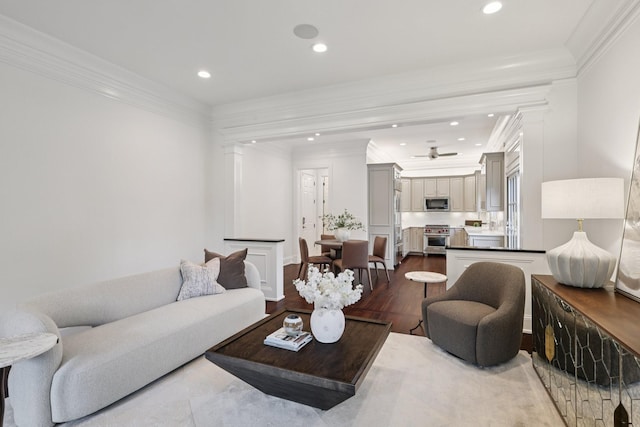 3600 Colewood Dr, Nashville, TN 37215 - living room with dark wood-type flooring, ornamental molding, recessed lighting, and ceiling fan
