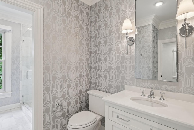 3600 Colewood Dr, Nashville, TN 37215 - bathroom featuring wallpapered walls, crown molding, vanity, and a stall shower