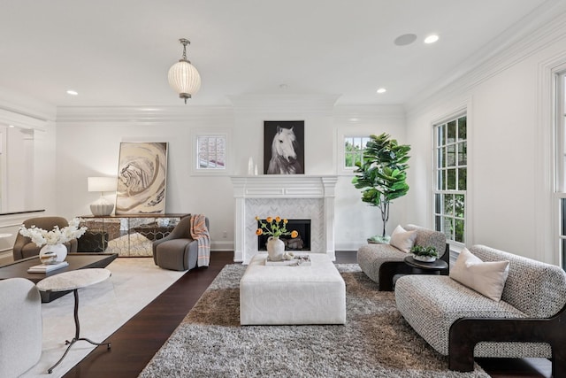 3600 Colewood Dr, Nashville, TN 37215 - living room with ornamental molding, wood finished floors, a fireplace, and recessed lighting