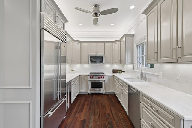 3600 Colewood Dr, Nashville, TN 37215 - kitchen featuring high quality appliances, ceiling fan, dark wood-style flooring, backsplash, and recessed lighting