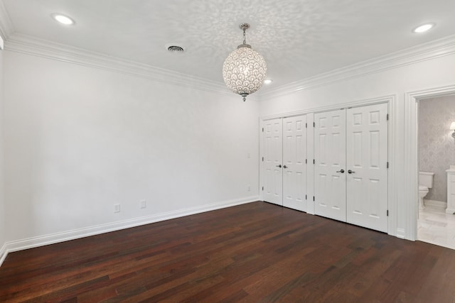 3600 Colewood Dr, Nashville, TN 37215 - unfurnished bedroom with dark wood-style floors, crown molding, ensuite bathroom, recessed lighting, and a closet