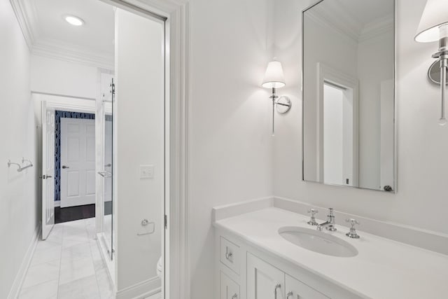 3600 Colewood Dr, Nashville, TN 37215 - bathroom featuring marble finish flooring, crown molding, vanity, and recessed lighting