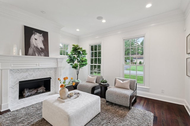 3600 Colewood Dr, Nashville, TN 37215 - living area with wood finished floors, crown molding, a tile fireplace, and recessed lighting