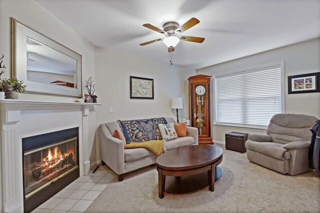1438 Anita Ct, Murfreesboro, TN 37130 - living room with a ceiling fan, a fireplace with flush hearth, and light tile patterned floors
