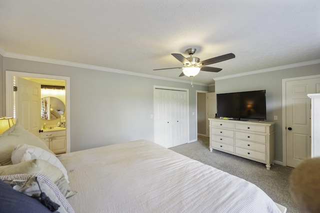 127 Fisherdale Dr, Decaturville, TN 38329 - bedroom with light colored carpet, ornamental molding, a closet, a ceiling fan, and ensuite bathroom